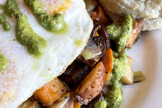 Fall Sweet Potato Hash, with Chimichurri and optional Braised Pork Belly
